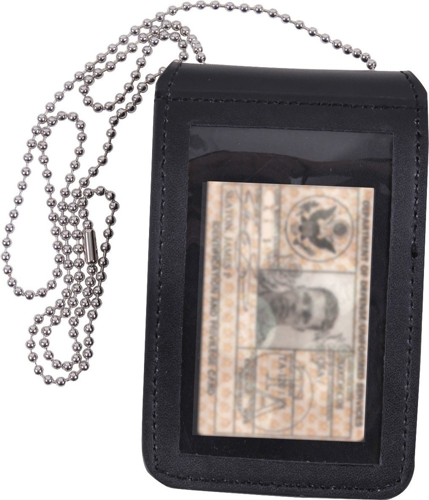 Black Leather Neck ID Holder Universal Badge Pass Card Shield Uniform School