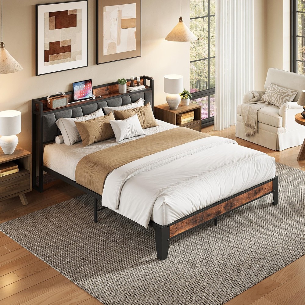 LIKIMIO Queen Bed Frame, Storage Headboard with Charging Station, Solid and S...