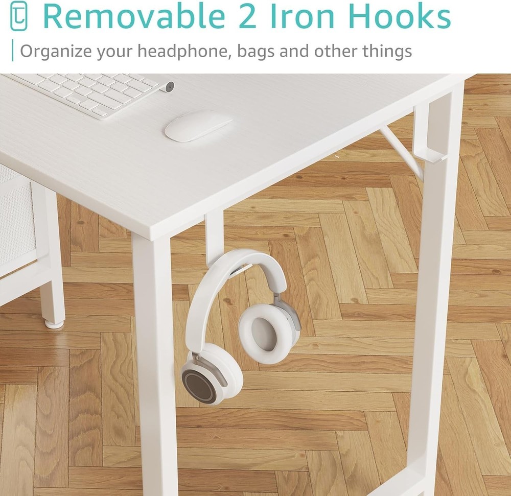 White Computer Desk with Fabric Drawers 47" Reversible Study Work Writing Desk