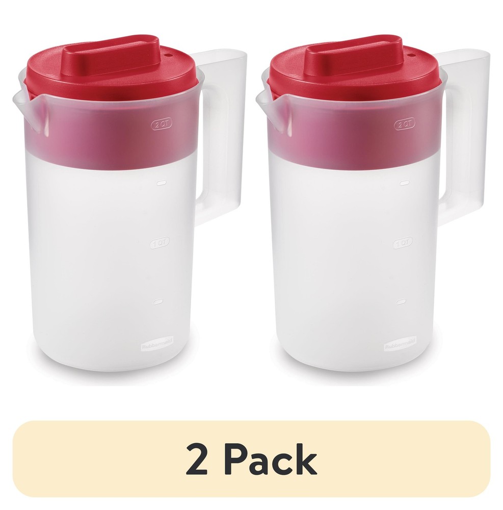 (2 pack) Rubbermaid Plastic Pitcher, Clear/Red, 2 Quart