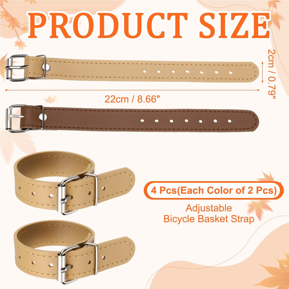 4 Pcs Adjustable Leather Bicycle Basket Strap, Light Brown/Brown