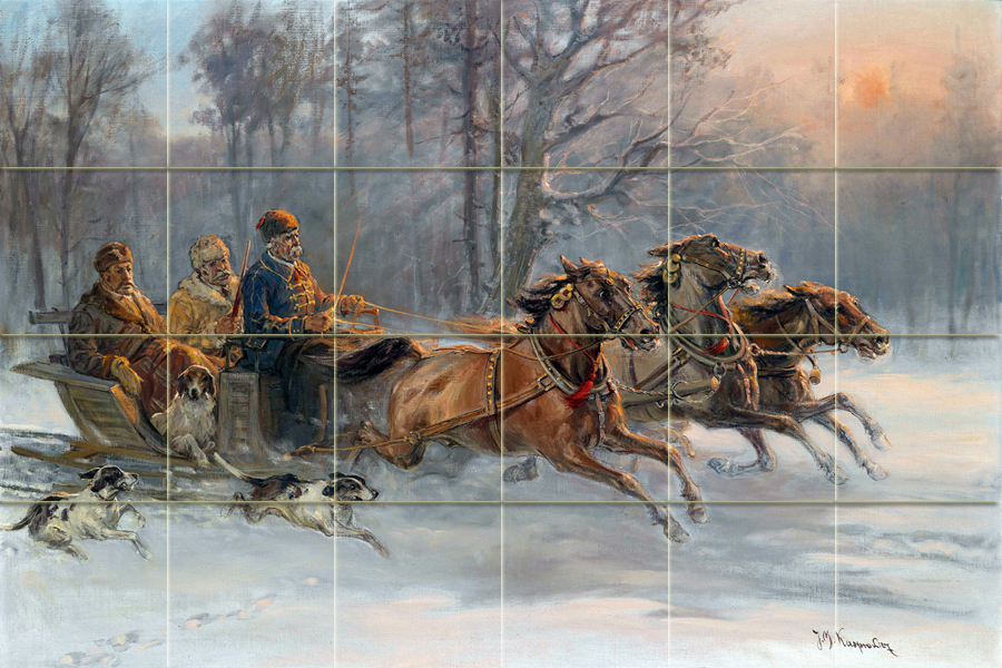 Art Landscape Forest Winter Horses Mural Ceramic Backsplash Bath Tile #2050