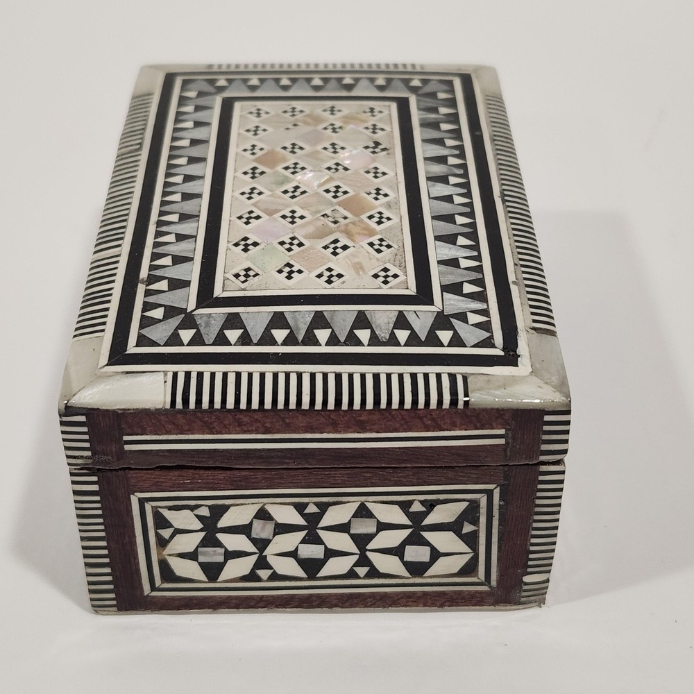 Wood Inlay Trinket Box Small Rectangular Moroccan Geometric Multicolor With Lid