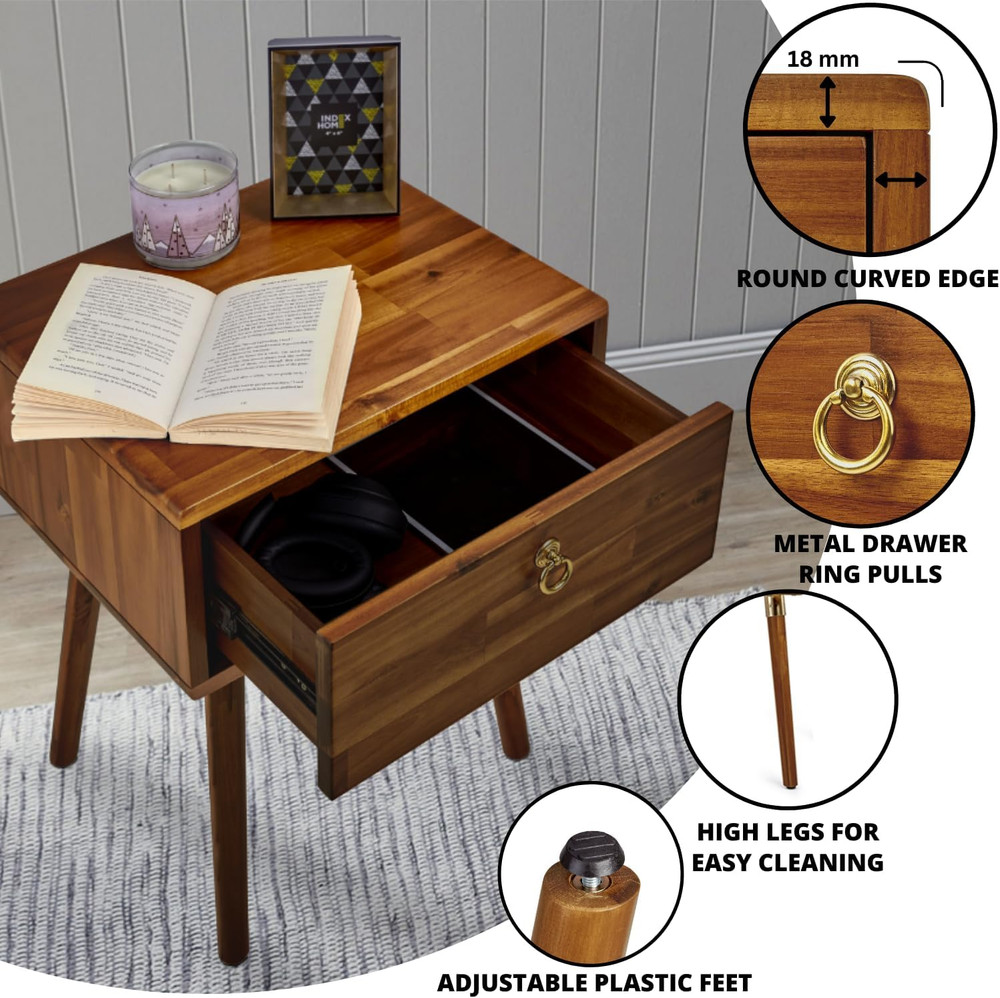 Selina King Bed Frame & Caden Solid Wood Nightstand, Caramel Finish