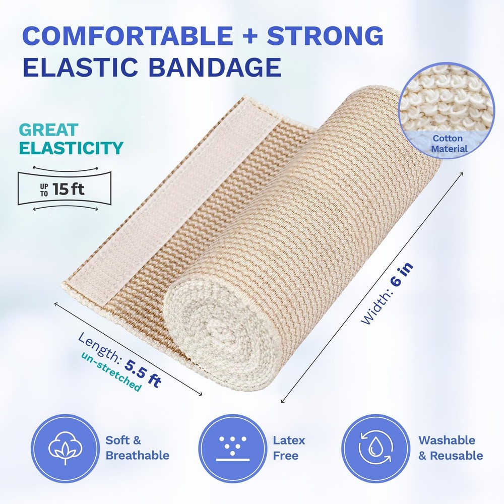 6" Elastic Bandage Wrap with Self-Closure, 2-Pack – 15 ft Stretched –