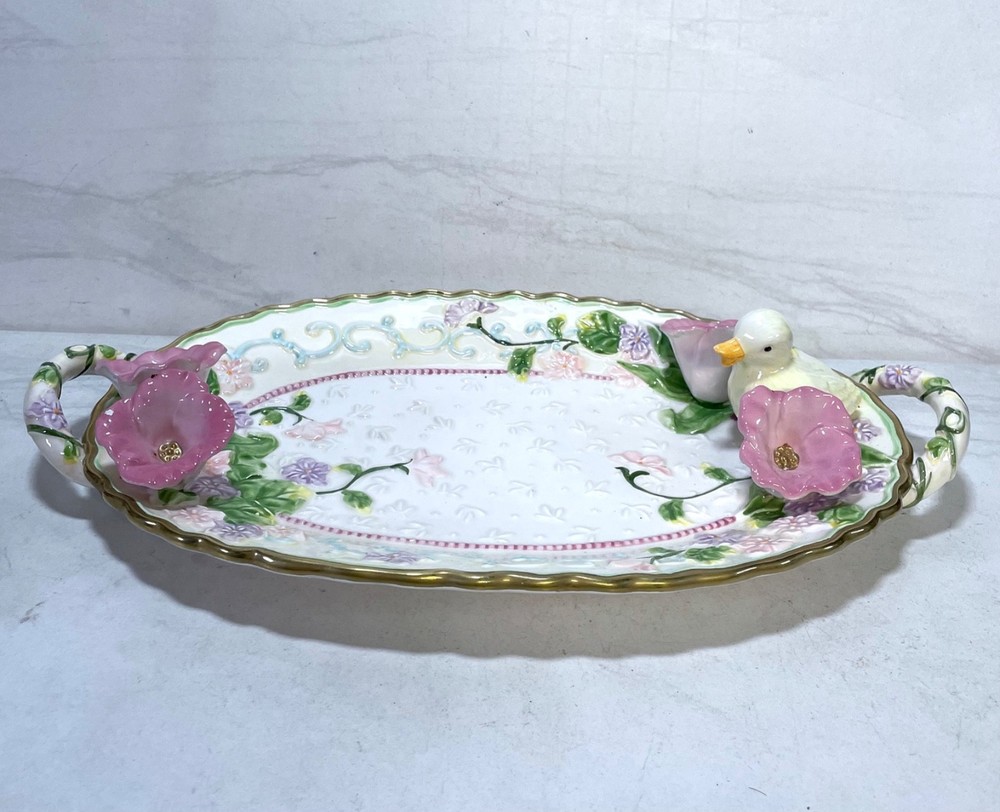 AVON Easter Springtime Embossed Serving Platter Dish Duck Flowers 2001 Vintage