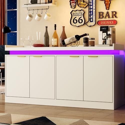 LED Sideboard Buffet Cabinet with Storage, 63'' Large Kitchen Buffet White