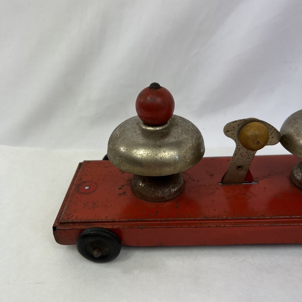 Vintage Pressed Steel Pull Toy - Double Bell No String Marx Red Tin