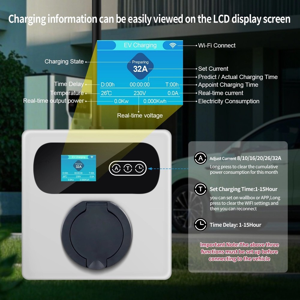 Portable Type 2 EV Wall Charger, 8A-32A Adjustable, 7kW 1-phase, Delay Timer