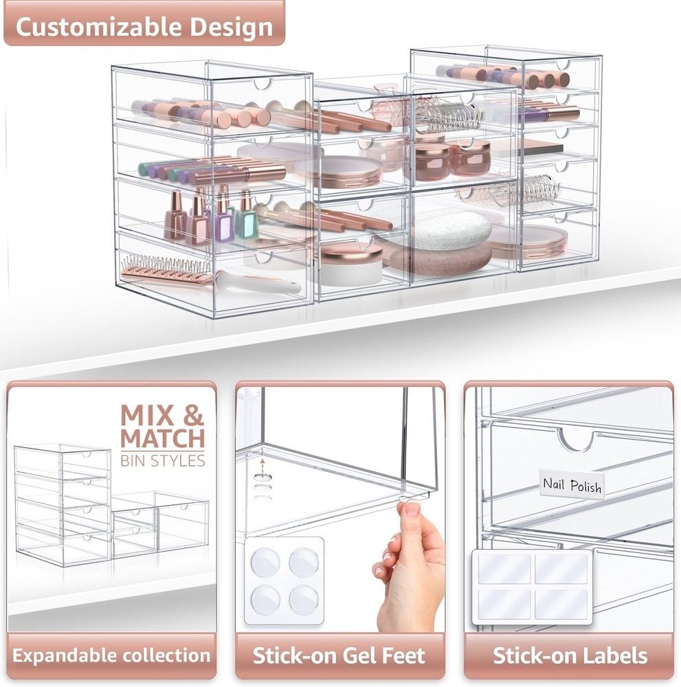 4-Piece Acrylic Makeup Organizer, 16 Drawer Stackable Storage Bins, Clear