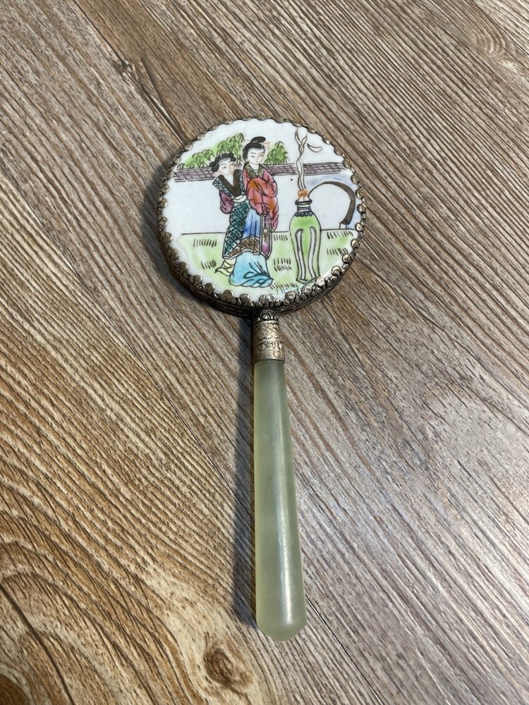 Vintage Chinese Porcelain & Green Handle Vanity Hand Mirror