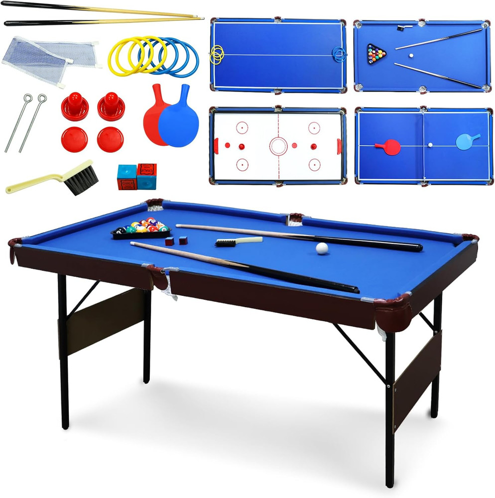 54" Folding Pool Table, 4 in 1 Multi Game Table, Folding Portable Billiards Game