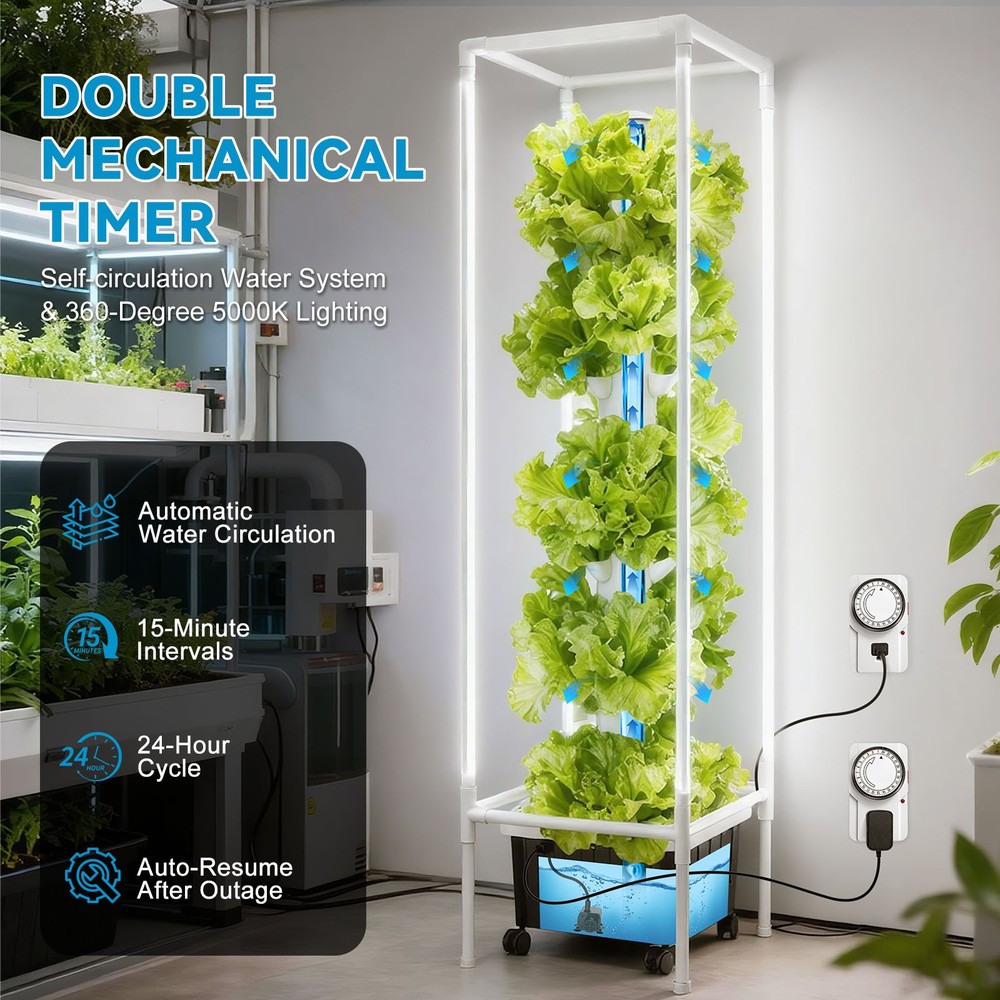 Vertical Hydroponic Growing System Tower with 4FT Grow Lights 45 Pods Pump Timer