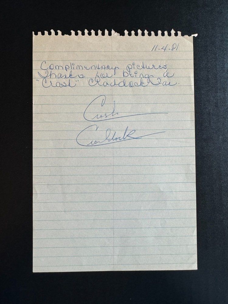Crash Craddock Autograph Letter 6" x 8.5"
