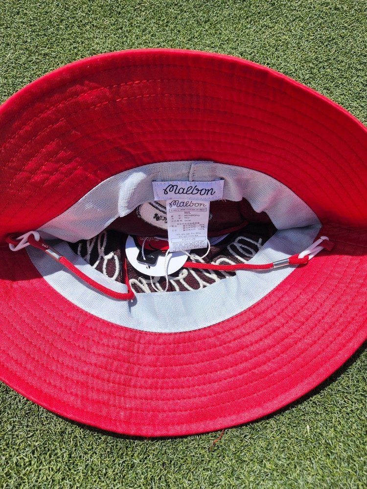 Malbon Golf Bucket Hat Red | Embroidered Script Logo | Adjustable Strap | New