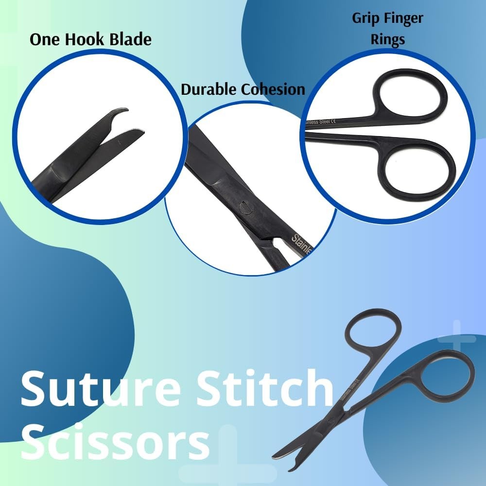 Suture Stitch Scissors Stainless Steel Multi-function Shears (3.5" - Black)