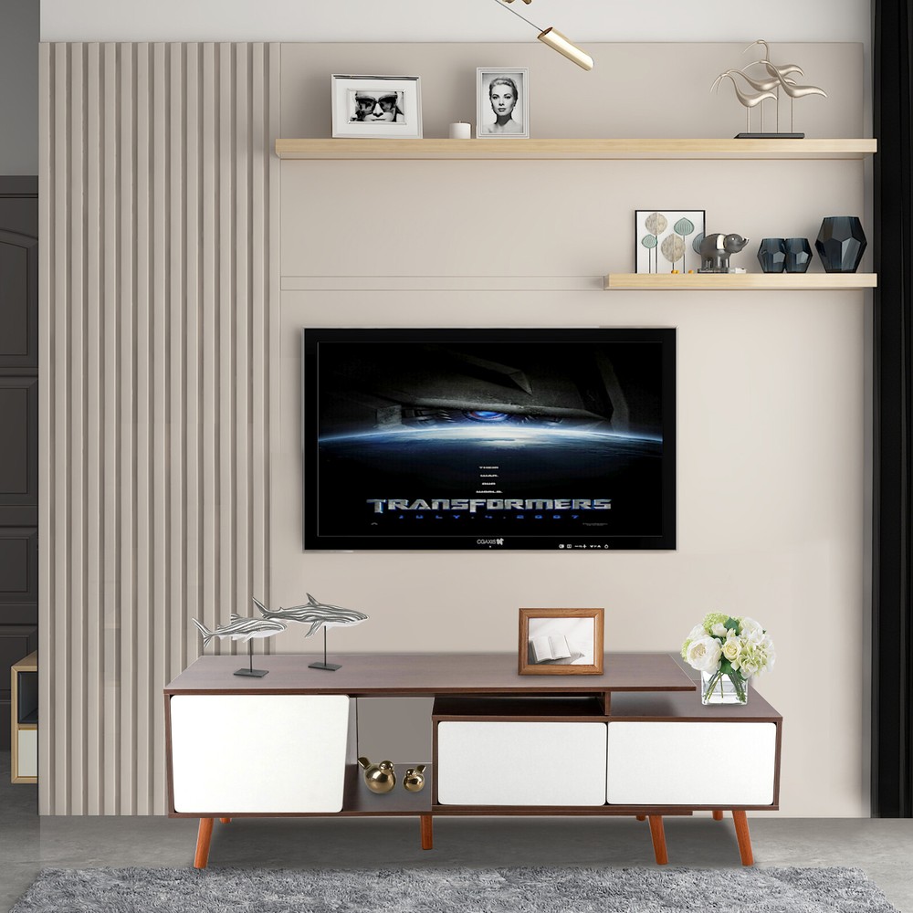 Solid Wood TV Stand Modern Farmhouse Boho With Doors Adjustable Shelves