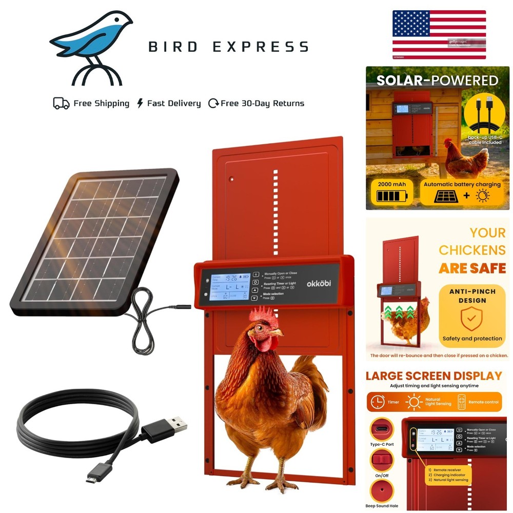 Solar Powered Automatic Chicken Coop Door with Timer/Light Sensor Modes - Red