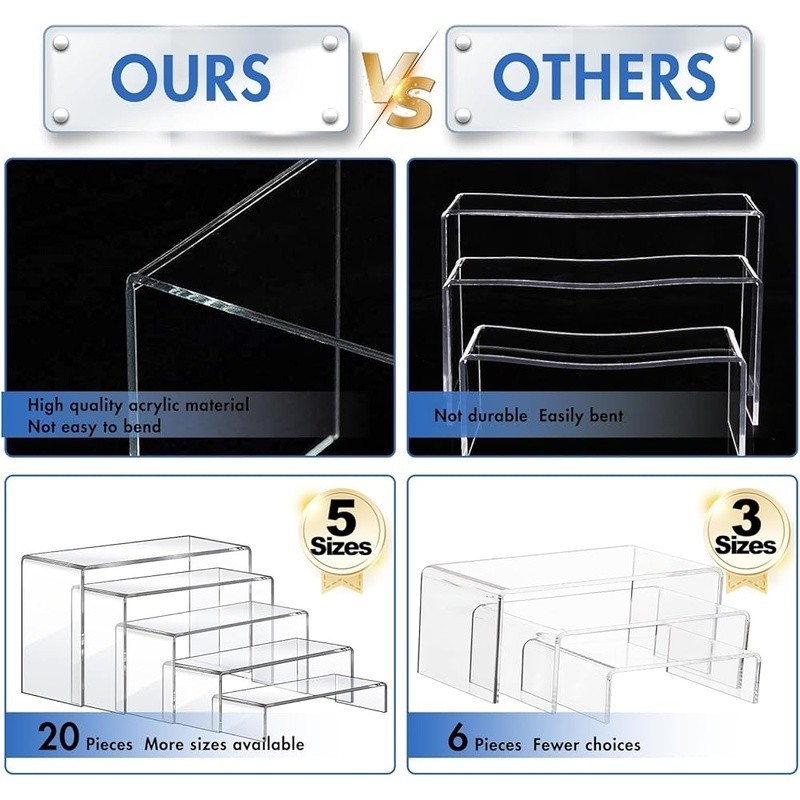 Acrylic Riser Display Stands Set of 20 Durable Stackable Organizers Clear New