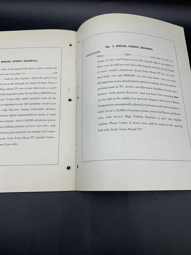 1954 Arvin Television Scripts For Radio Spots-Excellent