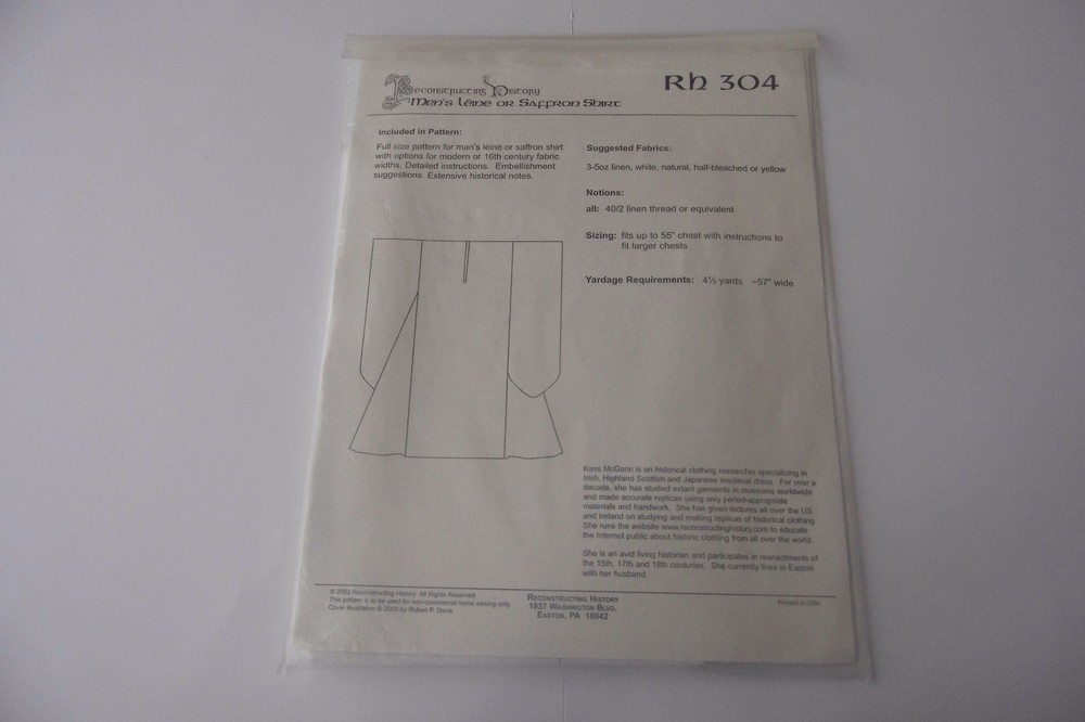 MENS LEINE SAFFRON SHIRT -RECONSTRUCTING HISTORY SEWING PATTERN RH 304 16th cen
