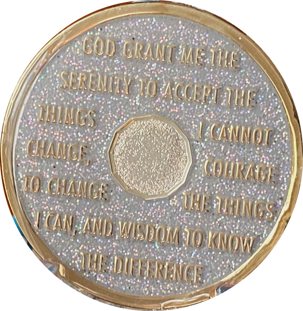 6 Year AA Medallion Opal Silver Glitter Tri-Plate Sobriety Chip