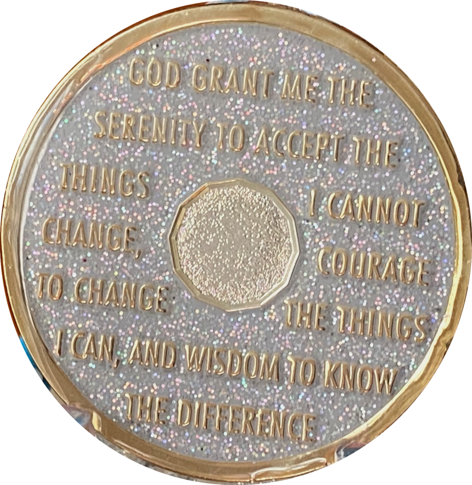 9 Year AA Medallion Opal Silver Glitter Tri-Plate Sobriety Chip