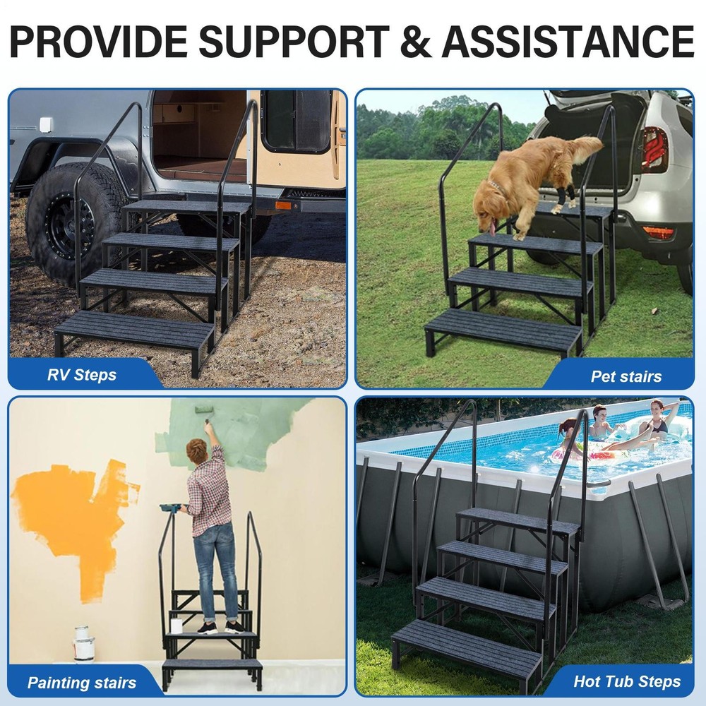 4 RV Steps with Handrails 4th Wheel Hot Tub Steps Anti-Slip RV Stair Step Ladder