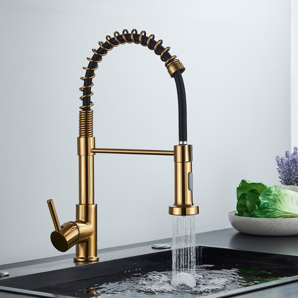 Brushed Gold Kitchen Faucet 360° Single Handle Sink Mixer Taps Pull Down Sprayer