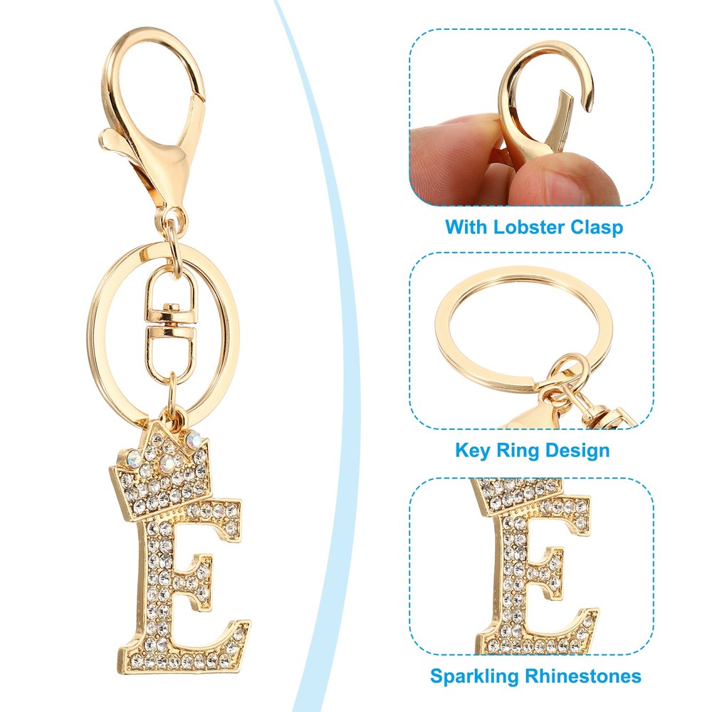 Initial Letter Keychain, 2 Pcs Letter E Crown Design Charm, Gold/Silver