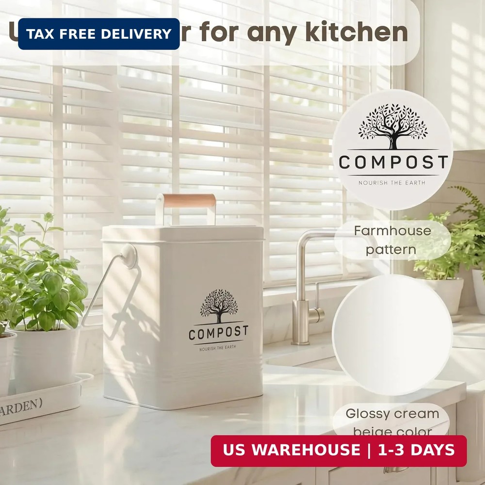 Kitchen Compost Bin, 1.7 Gallon Countertop Compost Bin with Lid, Indoor Compost