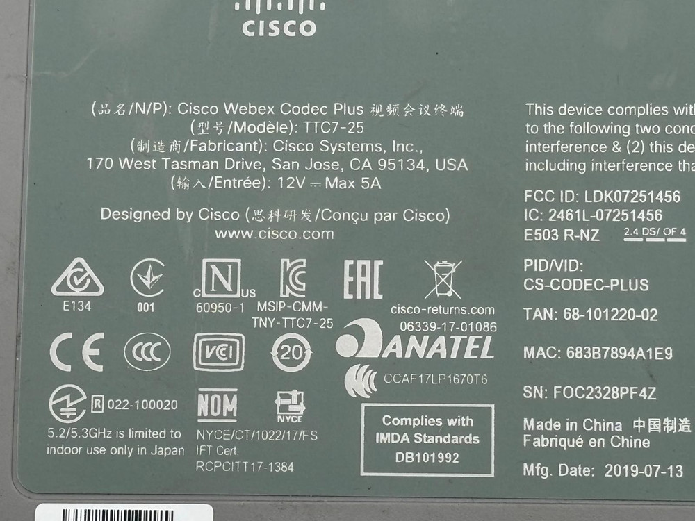 Cisco CS-CODEC-PLUS TTC7-25 Webex Codec Plus w/ Power Adapter