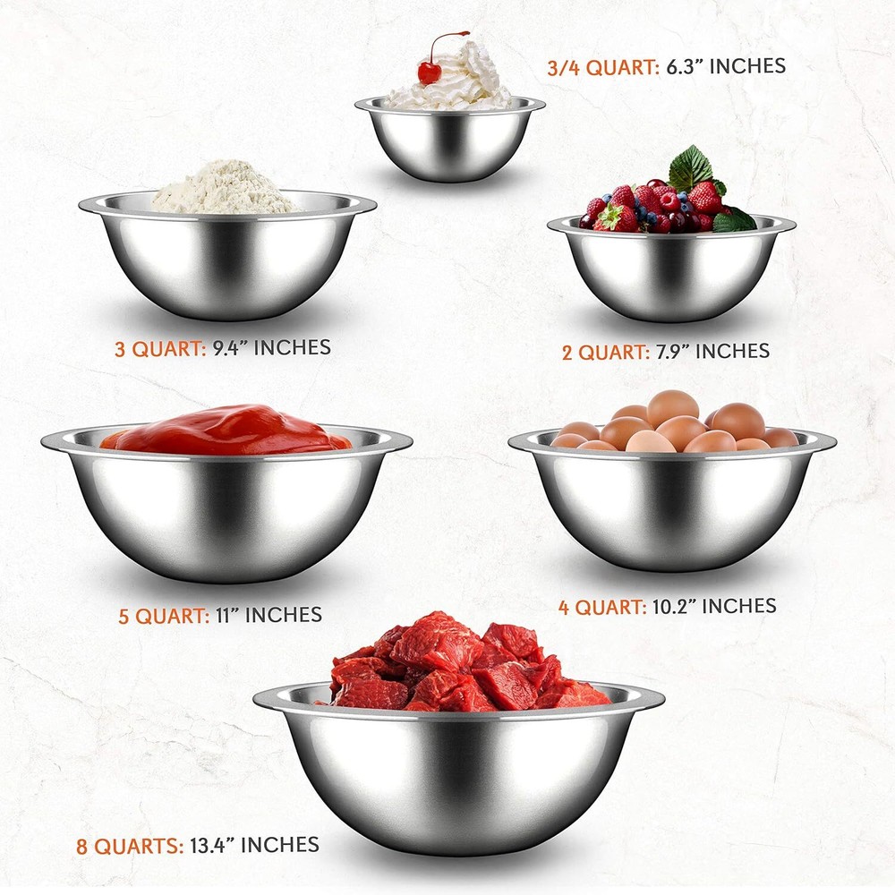 NutriChef 6-Piece Stainless Steel Stackable Mixing Bowls – Dishwasher Safe