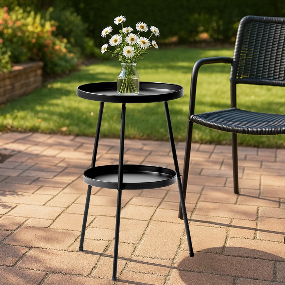 Patio Small Side Table, Round 2 Tier End Table, Metal Round Coffee Table