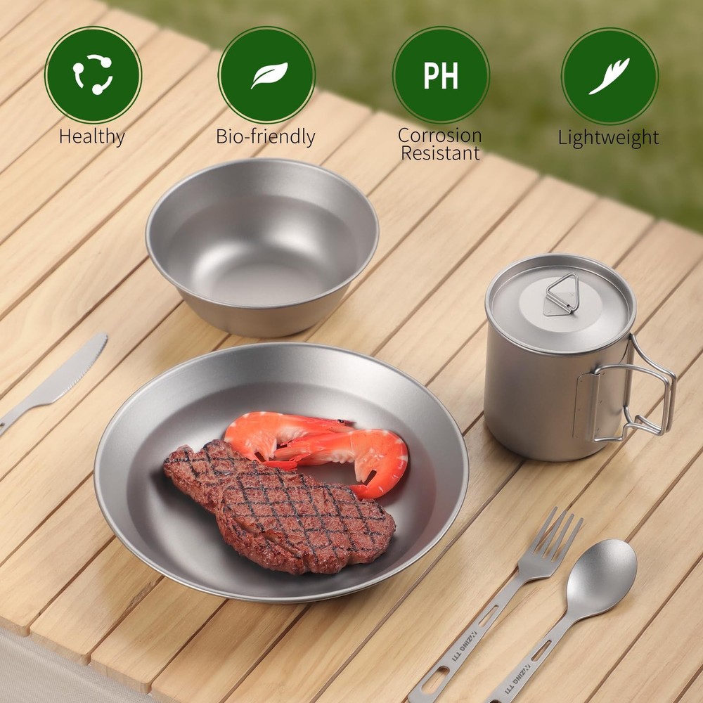 ZING TTI Titanium Tableware Set, 8-Piece Camping Dinnerware Kit, Titanium Bow...