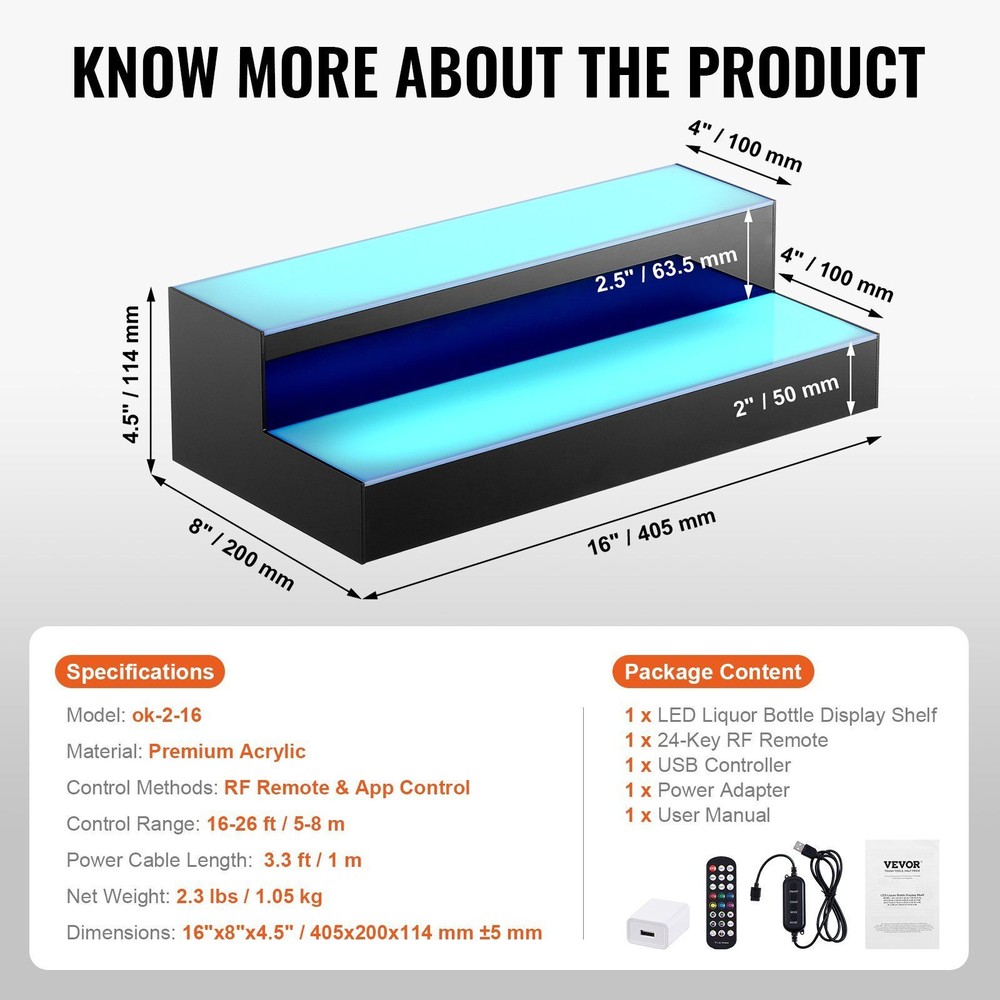 LED Lighted Liquor Bottle Display Bar Shelf RF & App Control 16" 2-Step