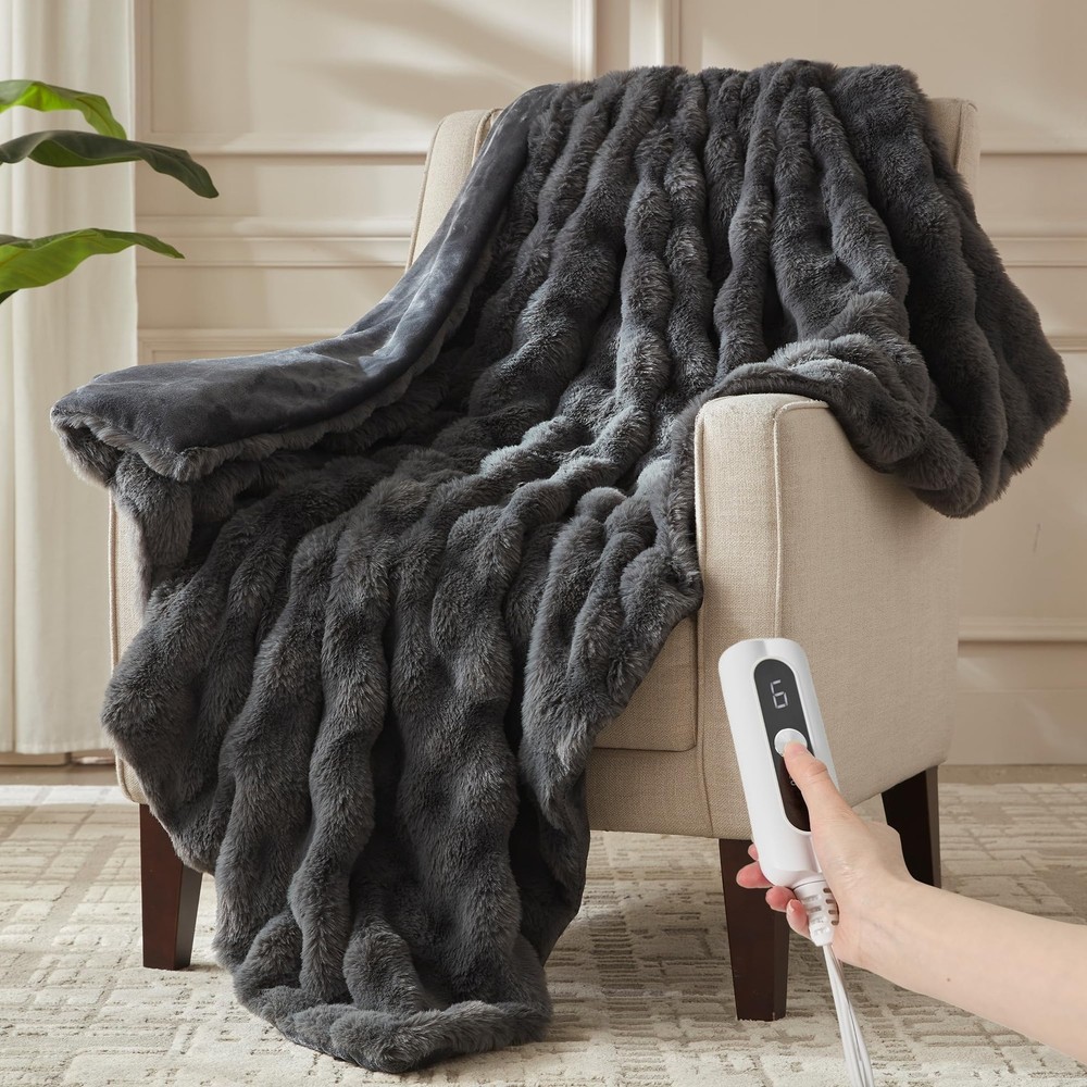 ACCU-WARMTH Heated Throw Blanket - Plush 50"x60", Bubble-dark Grey