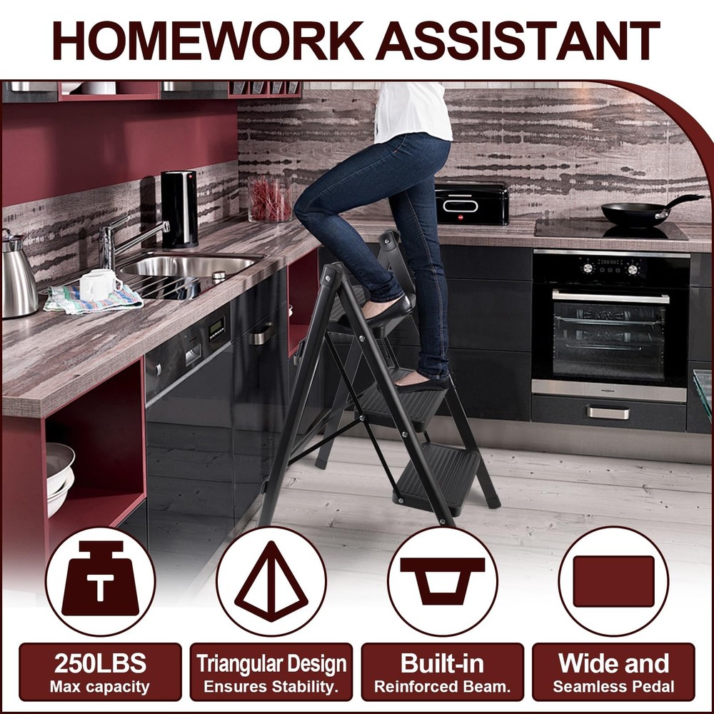 3-Step Ladder, Folding Step Stool for Kitchen/Closet/Garage, Sturdy & Lightwe...