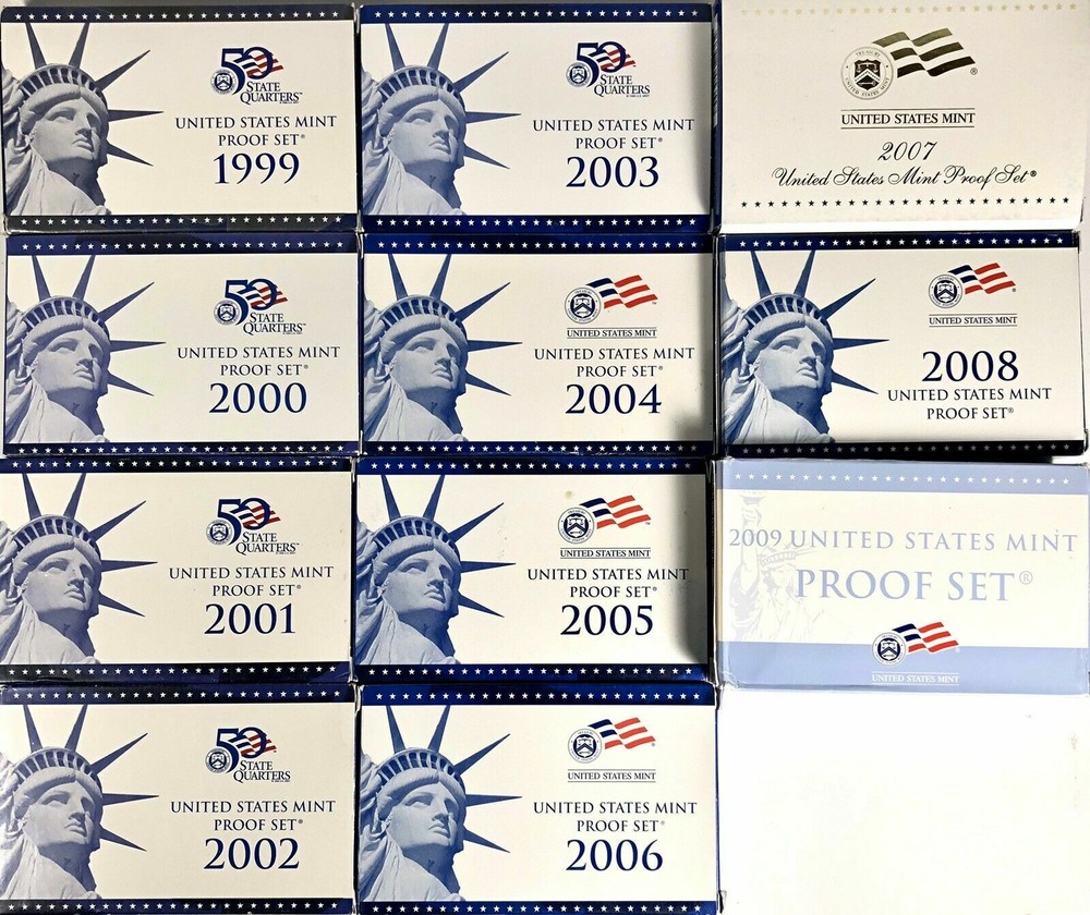 1999 through 2009 PROOF SETS COMPLETE RUN OF 11 SETS Including State Quarters
