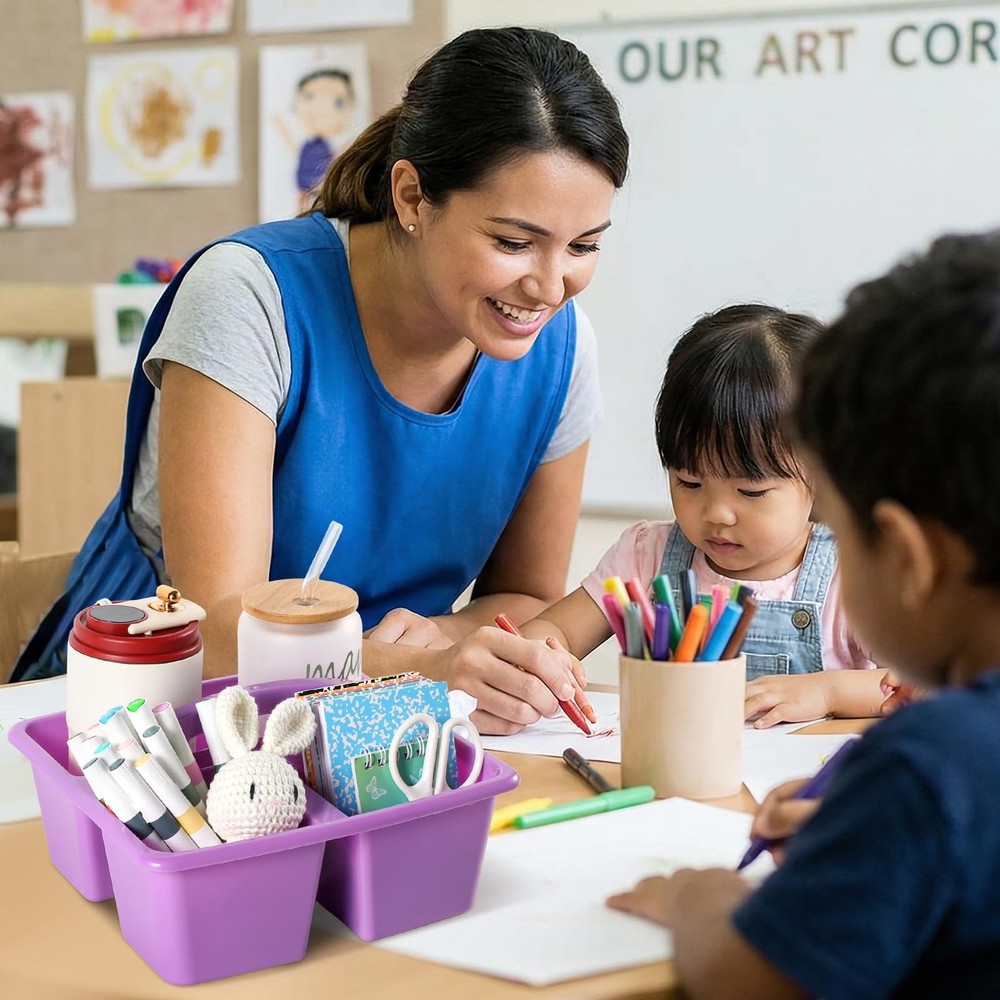 6 Pack 3 Compartment Small Caddy Plastic Classroom Organizer with Handle Port...