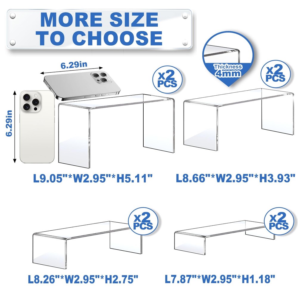 8 PCS Clear Acrylic Risers, 2 Sets, Rectangular Stands, Shelf, Decor, Showcase