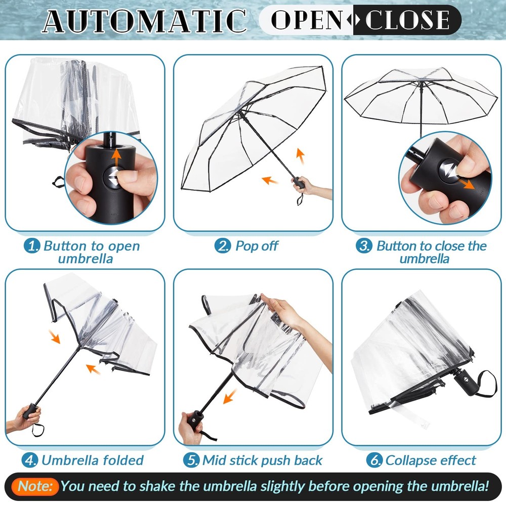 Clear Umbrella Transparent Portable Auto Open Close Compact One Size