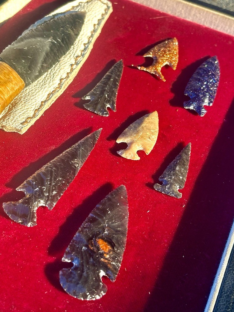 Flint Knapped Obsidian Arrowhead Points Antler Handle Knife Handmade Unique Gift