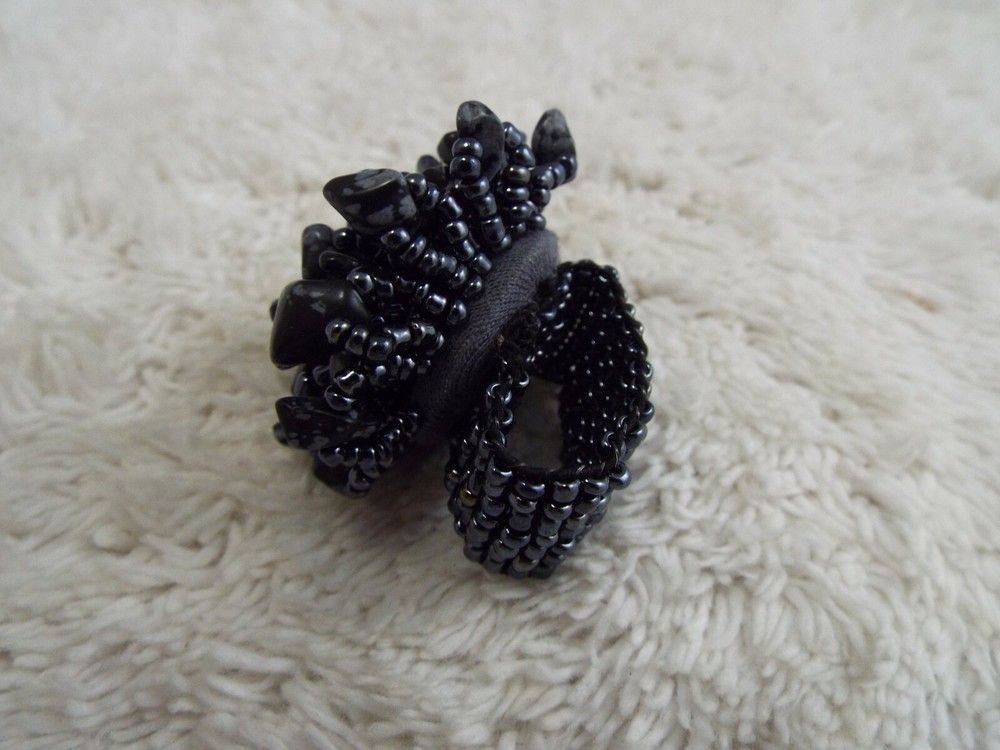 Snowflake Obsidian Stone & Black Glass Stretch Ring ~ Adjustable Size 6-12 (A64)