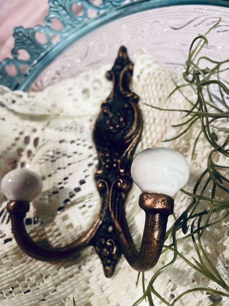 Old Bath Robe Coat Hook Hall Mirror Fancy Decorated Solid Brass Porcelain Knobs