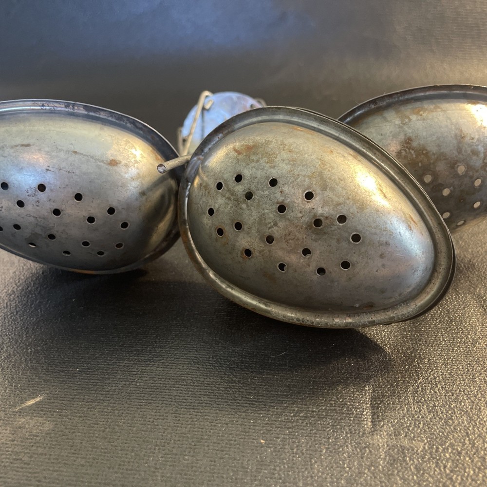 Vintage 5 Metal Tin Egg Shaped Oval Strainer w/ Handle