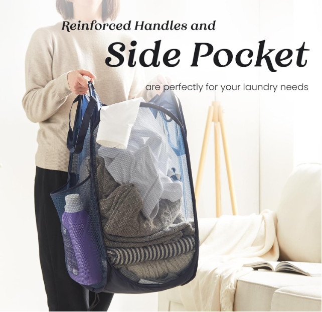 Collapsible Mesh Pop up Laundry Hamper - Portable Foldable Clothes Basket, Navy