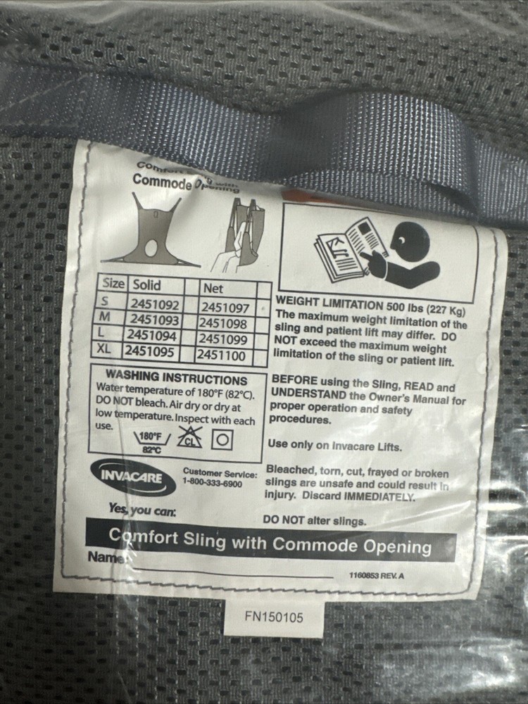 Invacare 2451097 Comfort Sling W/ COMMODE Net Cut Out Size Small