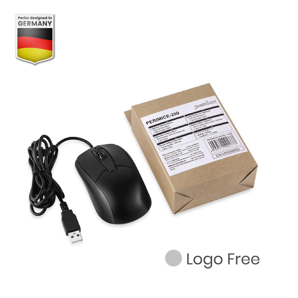 PERIMICE-209 3 Button USB Wired Mouse Optical 1000 DPI 5.9 Ft Cable Black
