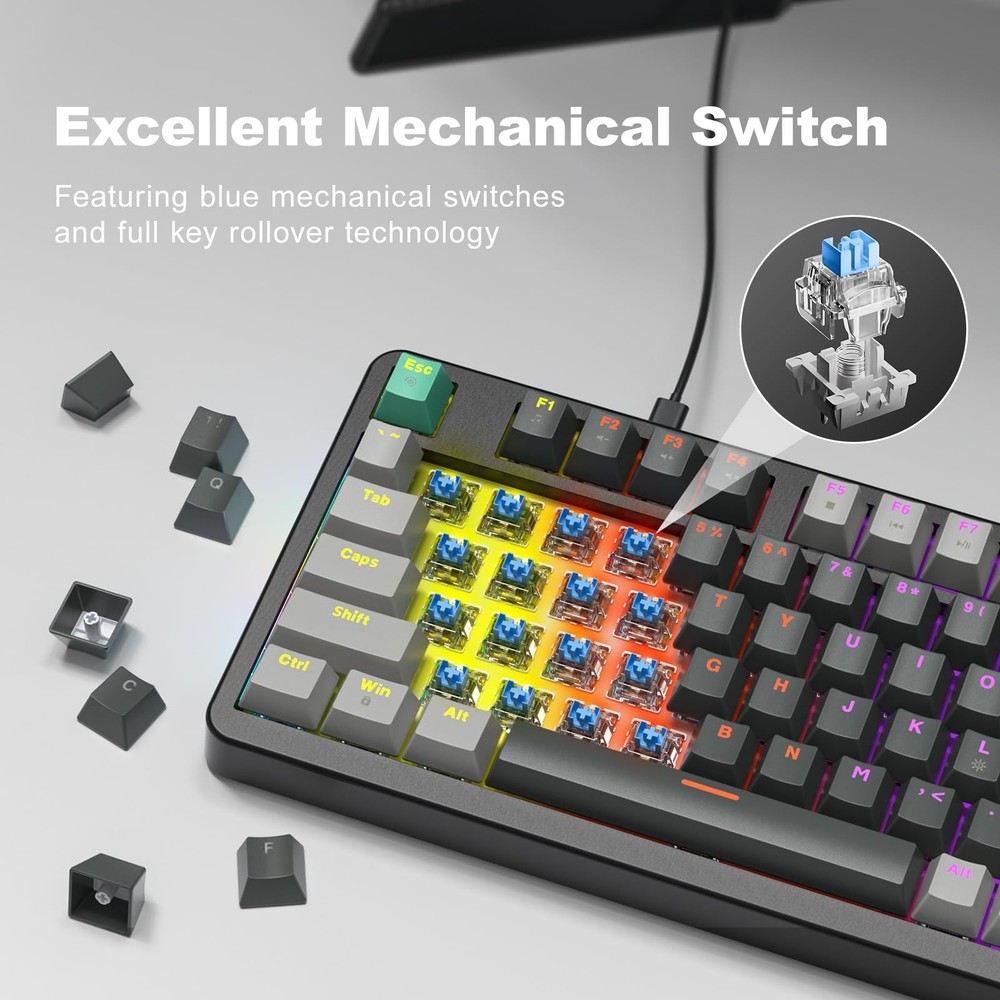 GEEZER Mechanical Gaming Keyboard with LED Backlit, Blue Switch, Volume Knob,...